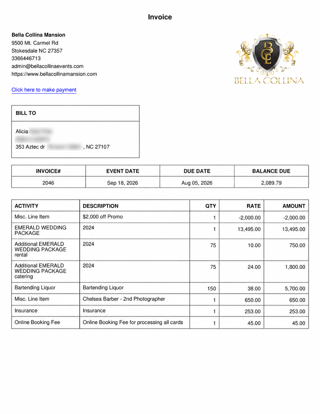Example invoice generated through BOSS